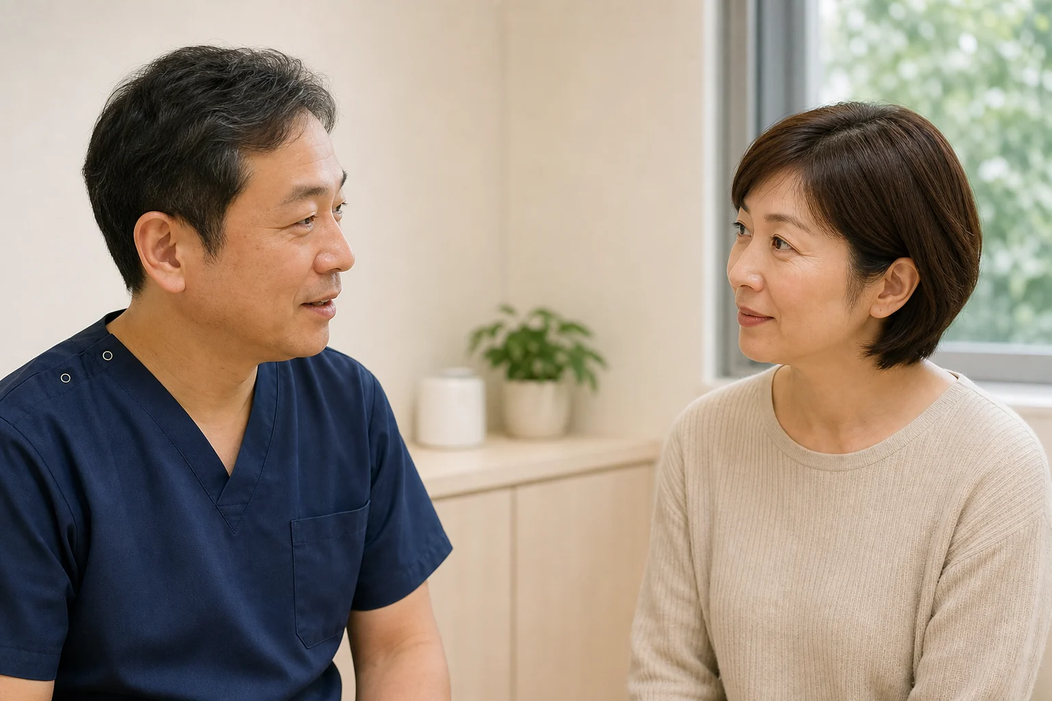 架空の歯科医師が患者へ診療前の選択肢を説明する相談イメージ
