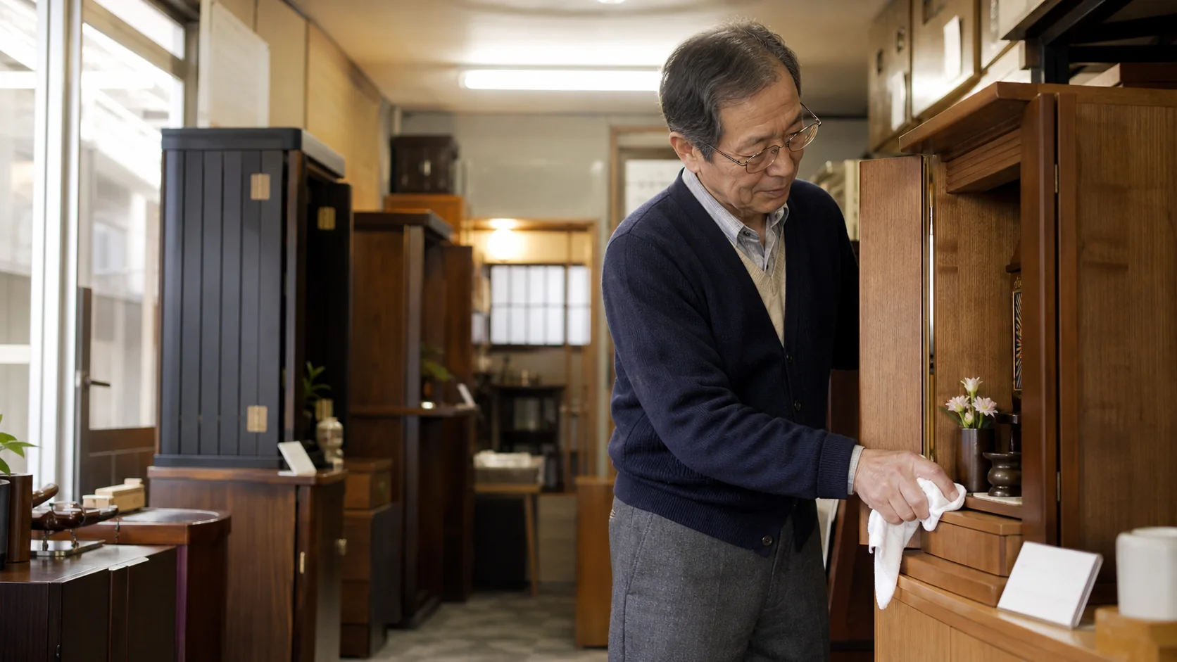 木製仏壇が並ぶ小さな展示室
