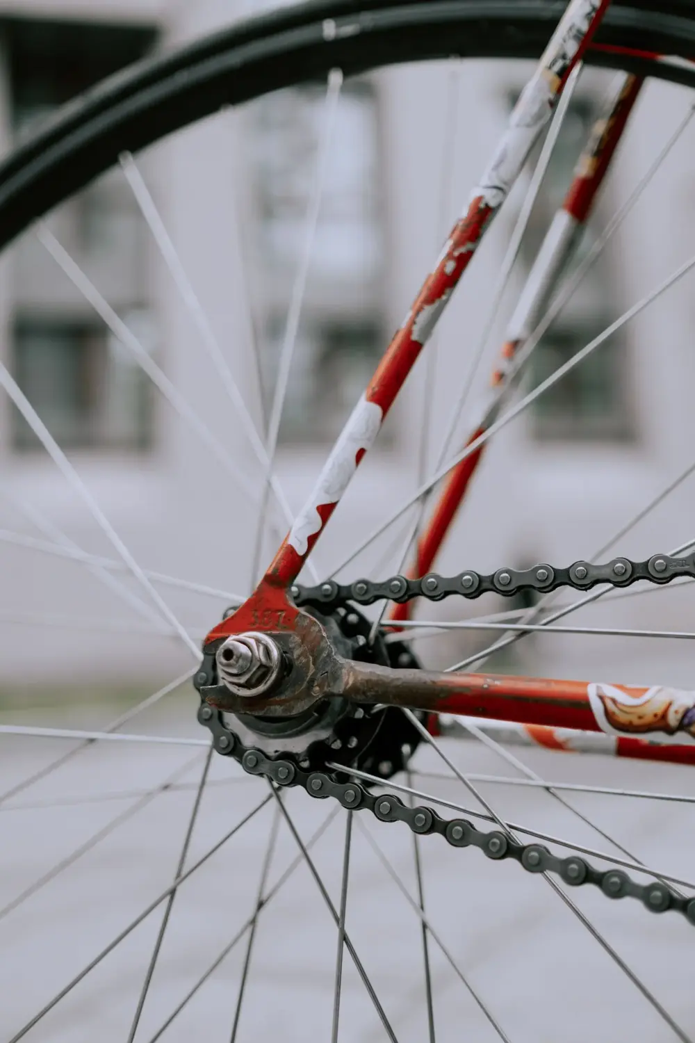 赤い自転車の後輪とチェーン