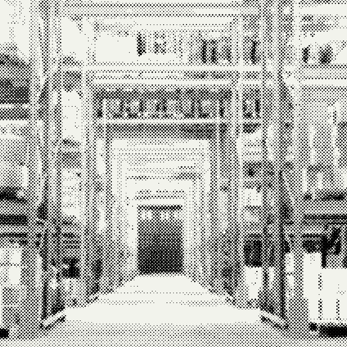 成形品が並ぶ棚の通路（網点の版画に加工）