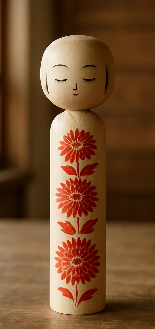 白木に朱の菊を描いた、細身の伝統こけし