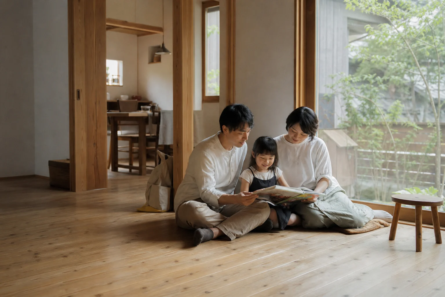 架空の家族が自然素材の住まいで過ごすイメージ