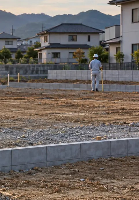 造成地に打った杭と、奥で作業する人